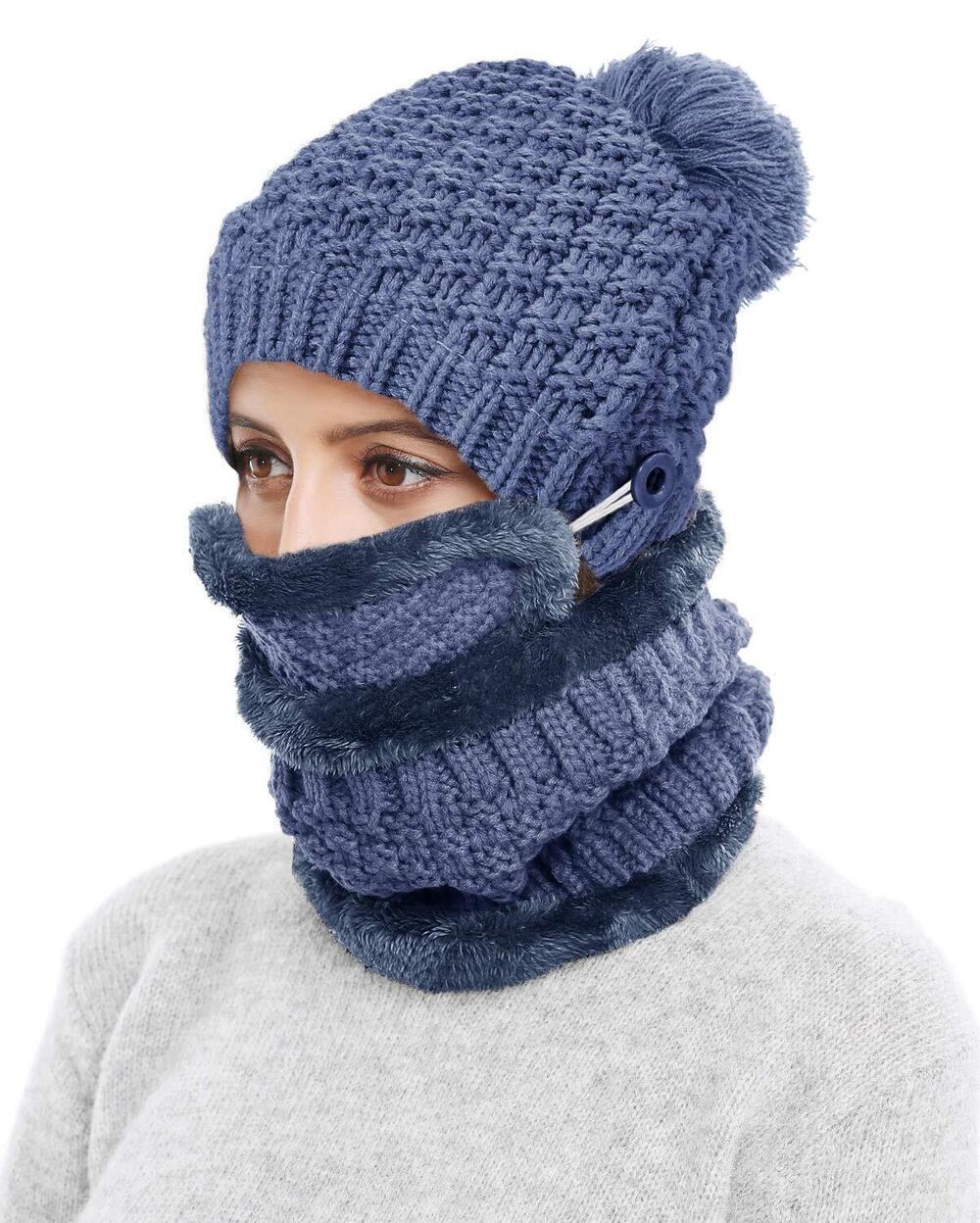 1894 3-Pieces Winter Hat Scarf Mask Set Thick Knit Hat Warm Snow Ski Skull